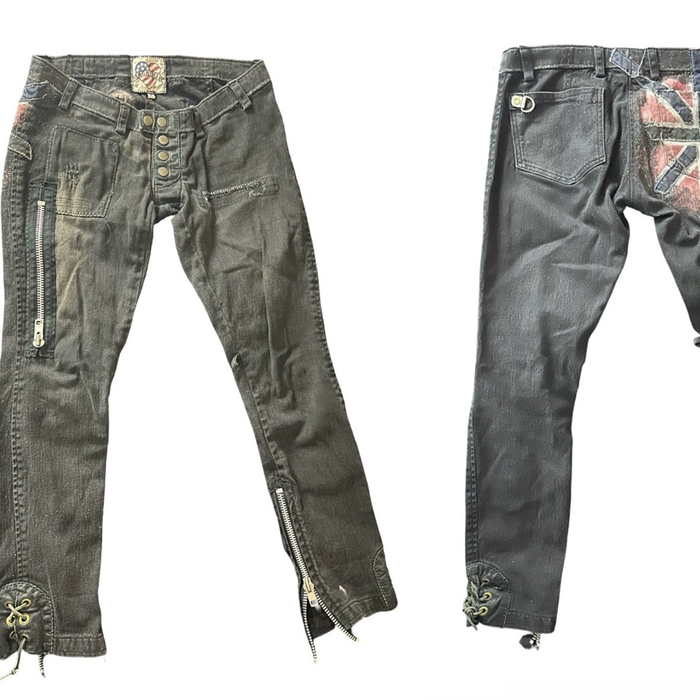Unisex Black Distressed Jeans with Union Jack Detail